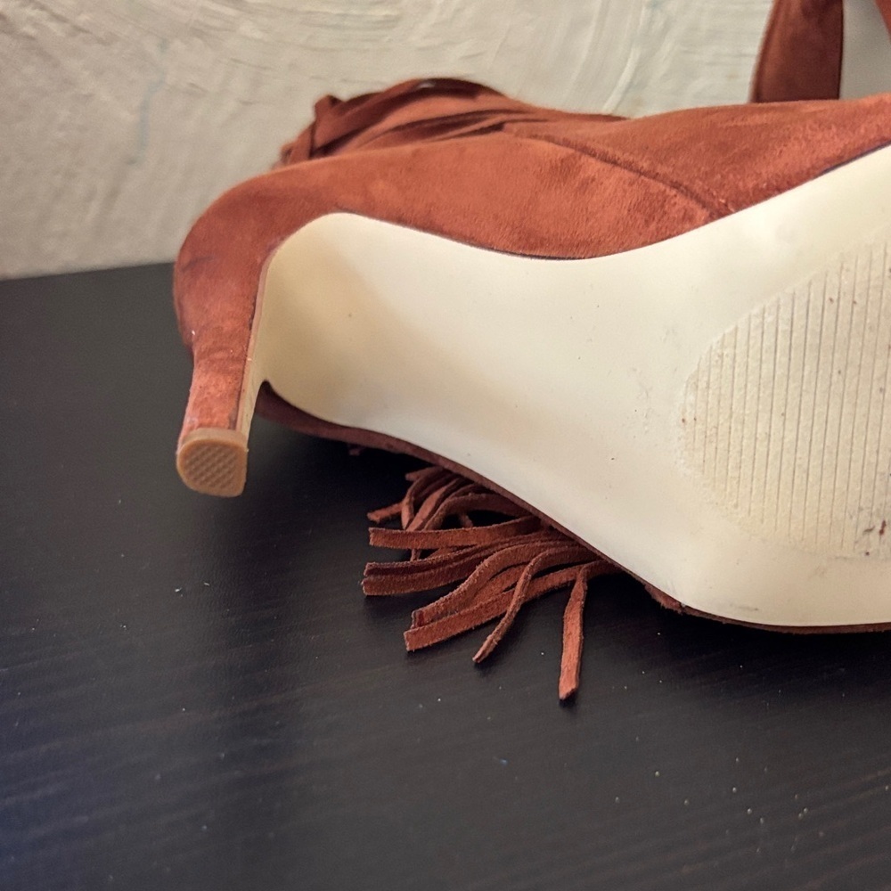JustFab Rust Brown Suede Fringe Peep-Toe Stiletto Booties - Picture 3 of 6